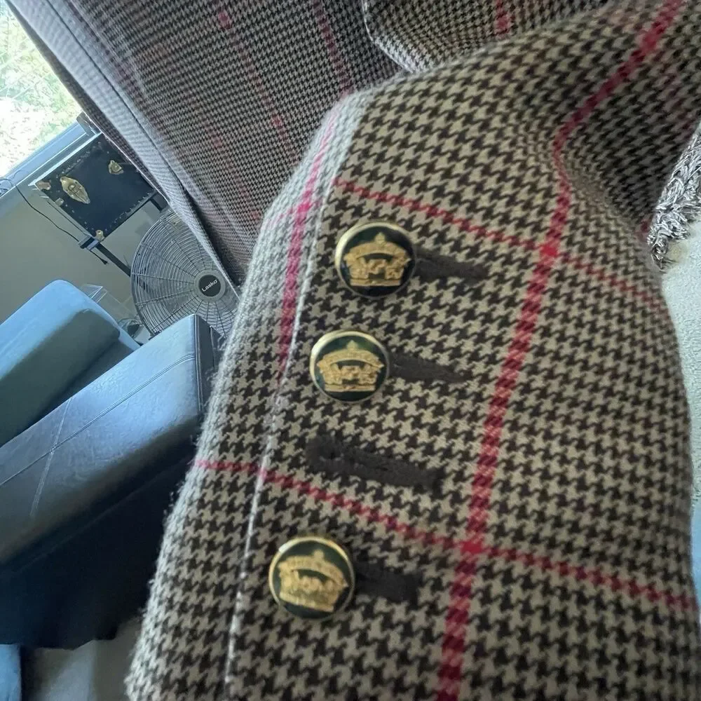 Men's Houndstooth Wool Blend Blazer Gold Buttons Jacket Size Large Preppy Career